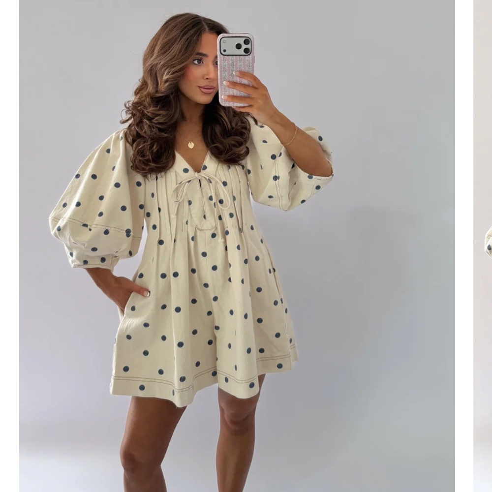 Peach Love Polka Dot Tie-Front Puff Sleeve Top - Cream with Blue Dots